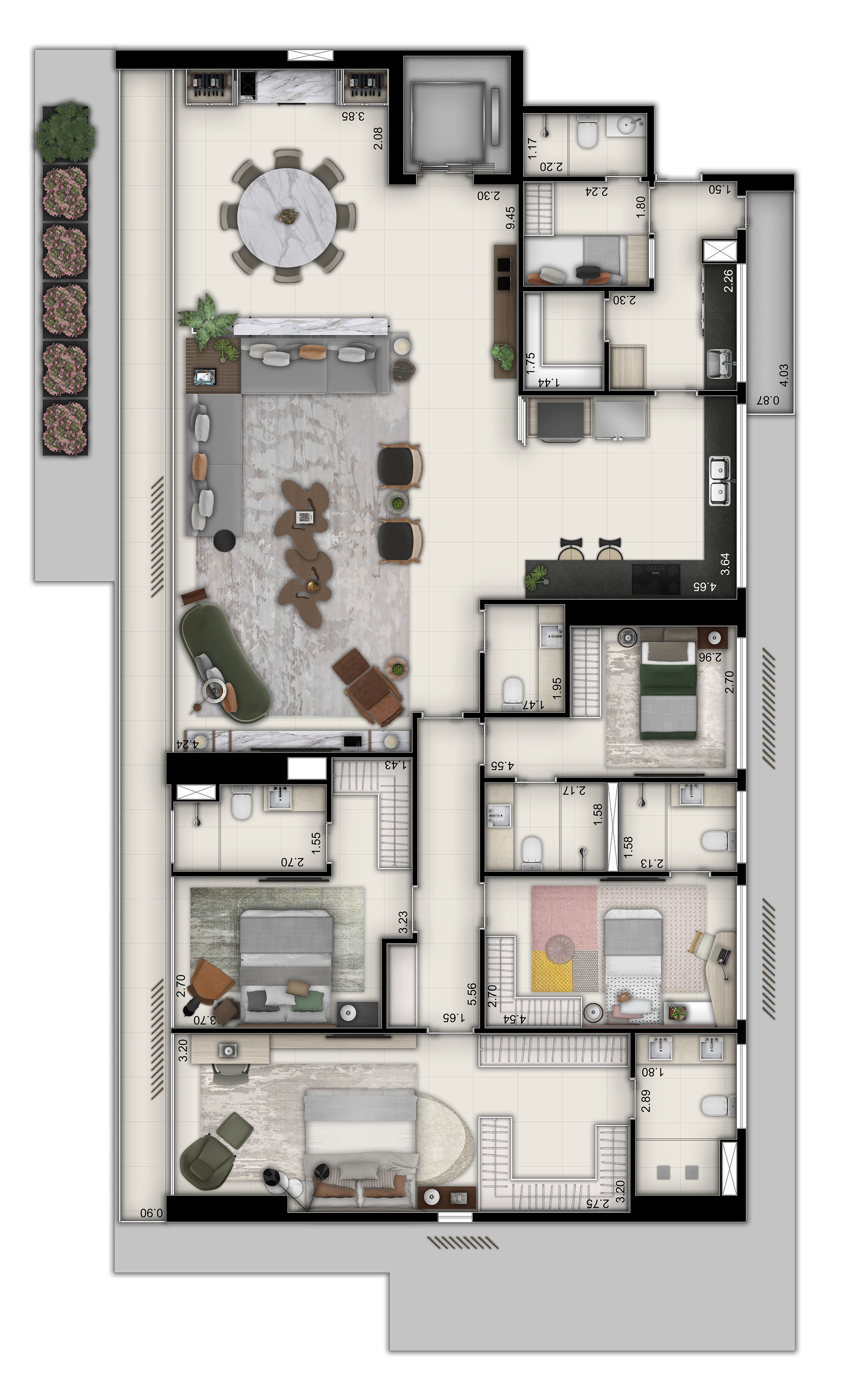 Planta do apartamento de 4 suítes